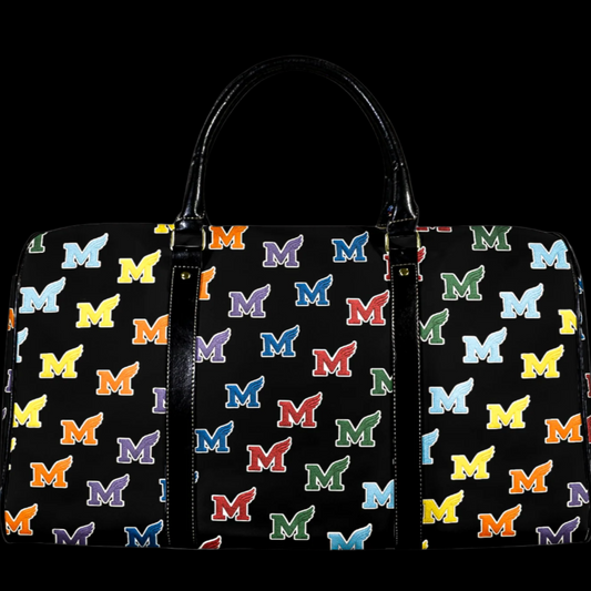 Black duffel bag with colorful 'M' pattern and 'Mayhem Duffle' text on a white background.